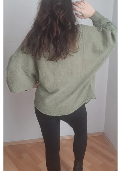 Kadın Gömlek Oversize Hakim Yaka Yarasa Kol Premium Keten Kumaş %100 Pamuk indirimleri