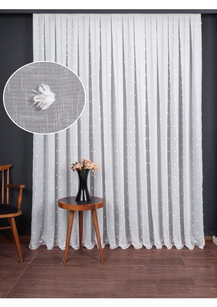 Ponpon Desenli Keten Düz Tül Perde Gramajlı (1/3 Sık Pile)