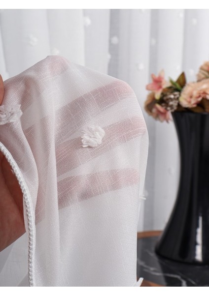 Ponpon Desenli Keten Düz Tül Perde Gramajlı (1/3 Sık Pile)