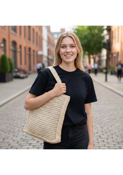 El Yapımı Rafya Tote Çanta – Hasır Plaj & Yazlık Çanta Krem Kare