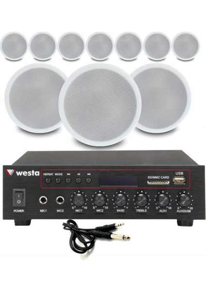 10’lu Beyaz Tavan Hoparlorlu 100V Ses Sistemi Paketi | Kafe, Mağaza ve Ofis Müzik Sistemi