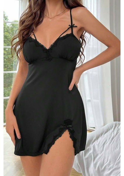 Siyah Dökümlü Yırtmaç Detay Şık Geceliik 15531 fırsatları