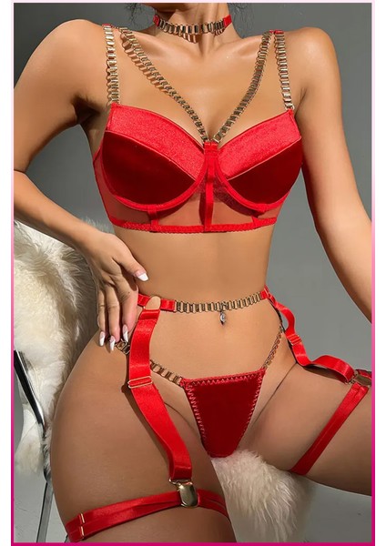 Kırmızı Merdüven Zincirli Göğüs Balenli Kadın Seksi Jartiyer Takım fiyatları