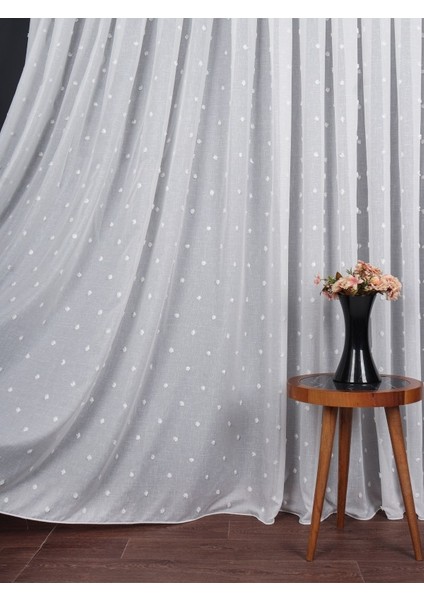 Ponpon Desenli Keten Düz Tül Perde Gramajlı (1/3 Sık Pile)