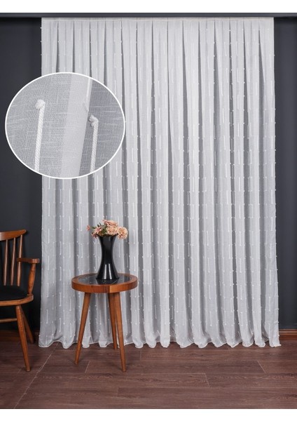 Minimal Çizgili Ekru Keten Tül Perde | Modern ve Zarif Görünüm (1/2.5 Normal Pile)