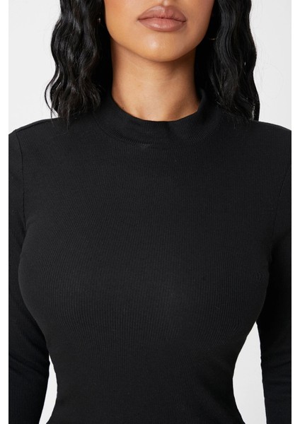 Kadın Siyah Kaşkorse Balıkçı Yaka Uzun Kollu Bodycon Mini Elbise