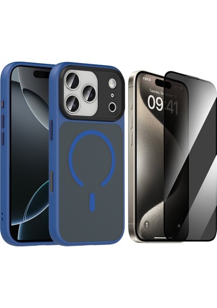 iPhone 17 Pro Max Kılıf Mat Arka Yüzey Wireless Şarj Özellikli Zore Flet M-safe Kapak + Hayalet Cam Ekran Koruyucu