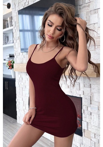 Kadın Bordo Sırt Kısmı Komple Dantelli Mini Gecelik