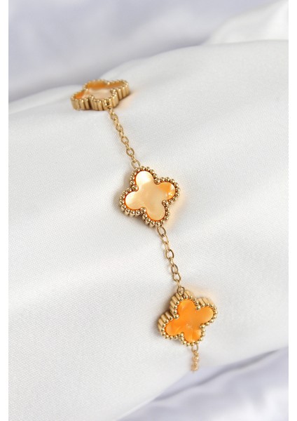 316L Çelik Sedefli Turuncu Gold Renk Yonca Kadın Bileklik