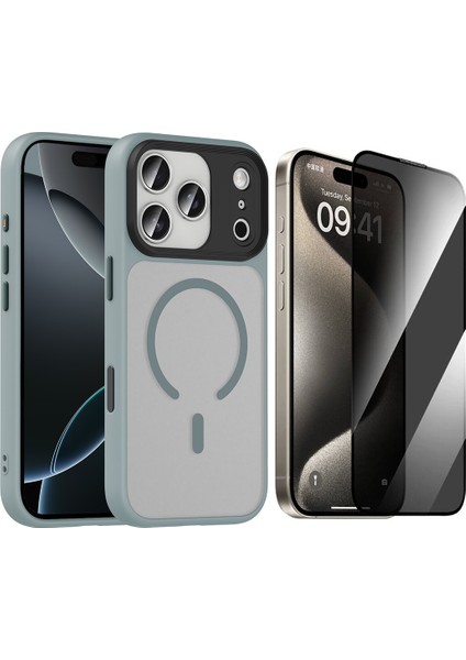 iPhone 17 Pro Max Kılıf Mat Arka Yüzey Wireless Şarj Özellikli Zore Flet M-safe Kapak + Hayalet Cam Ekran Koruyucu