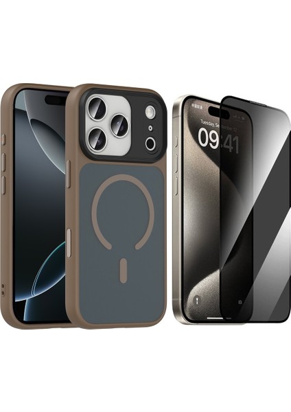 iPhone 17 Pro Max Kılıf Mat Arka Yüzey Wireless Şarj Özellikli Zore Flet M-safe Kapak + Hayalet Cam Ekran Koruyucu