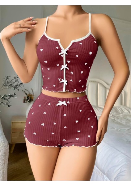 Pamuklu Kahverengi Üstüne Beyaz Kalp Desen Fitilli Askılı Şortlu Pijama Takımı fiyatları