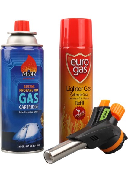 Mahzen Profesyonel 3 Lü Pürmüz Başlığı Seti Butan Propan Gaz Kartuşu 400ML Çakmak + Çakmak Gazı 270ML
