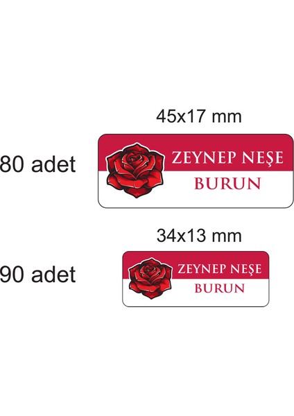 Gül Temalı Okul Etiketi Isme Özel 170 Adet (90 Adet 34X13 Mm, 80 Adet 45X17 Mm) fiyatları