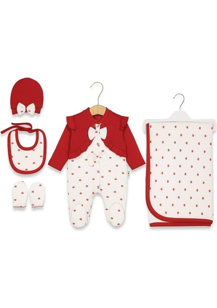 Kız Bebek 0-3 Ay Kalp Desenli Hırkalı Bereli Önlüklü 5 Li Zıbın Takımı