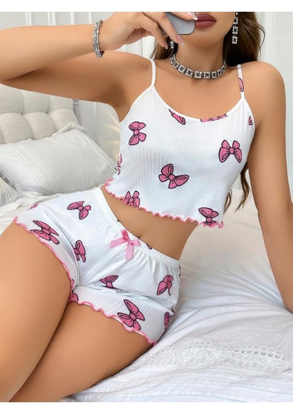 Pamuklu Beyaz Üstüne Pembe Kurdela Desenli Fitilli Askılı Şortlu Pijama Takımı