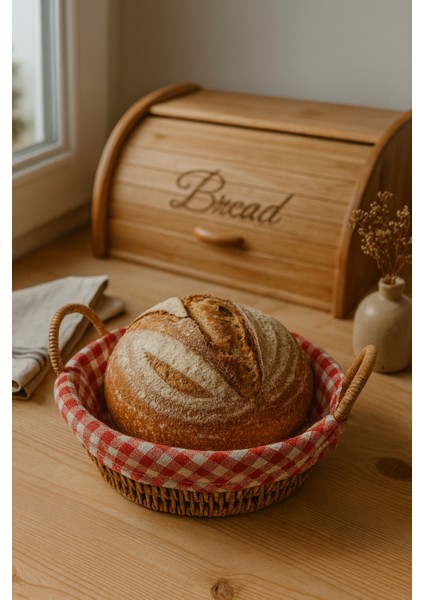 Yuvarlak Hasır Ekmek Sepeti – Kırmızı Beyaz Kareli Kumaşlı Kahvaltı ve Sunum Sepeti