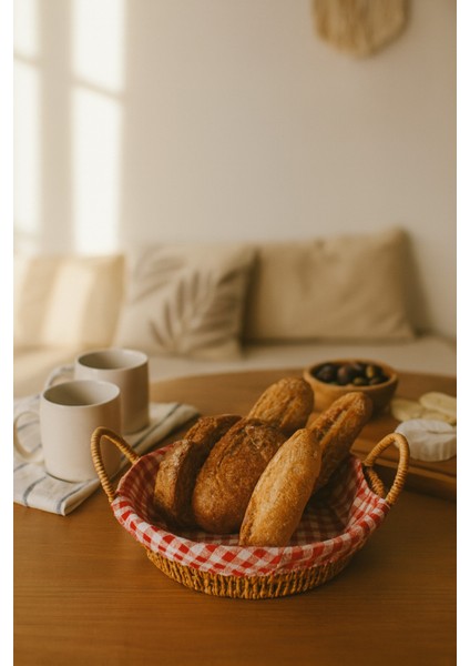 Yuvarlak Hasır Ekmek Sepeti – Kırmızı Beyaz Kareli Kumaşlı Kahvaltı ve Sunum Sepeti modelleri