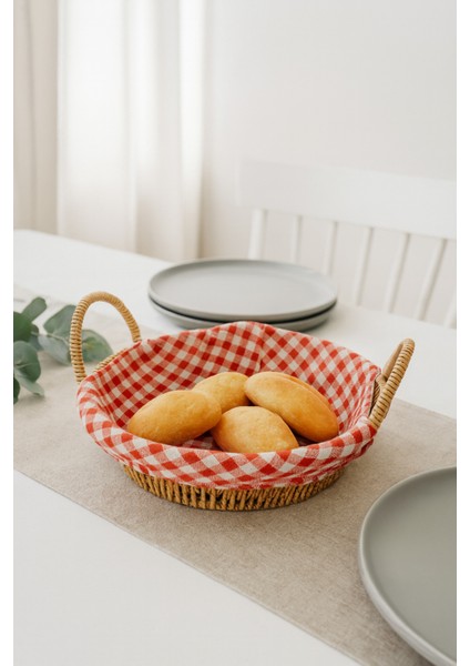 Yuvarlak Hasır Ekmek Sepeti – Kırmızı Beyaz Kareli Kumaşlı Kahvaltı ve Sunum Sepeti fırsatları