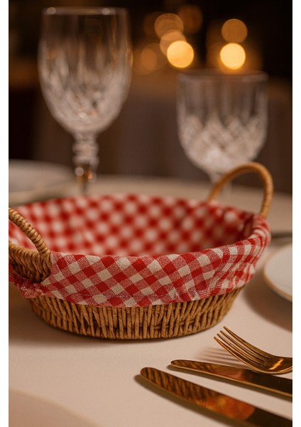 Yuvarlak Hasır Ekmek Sepeti – Kırmızı Beyaz Kareli Kumaşlı Kahvaltı ve Sunum Sepeti indirimleri