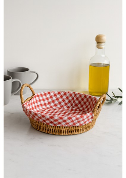 Yuvarlak Hasır Ekmek Sepeti – Kırmızı Beyaz Kareli Kumaşlı Kahvaltı ve Sunum Sepeti