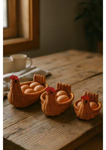 Tavuk Görünümlü Otantik Tasarım Sepet 3’lü Set – Hasır Yumurtalık, Ekmek Saklama Sepeti | Dekoratif | Dayanıklı
