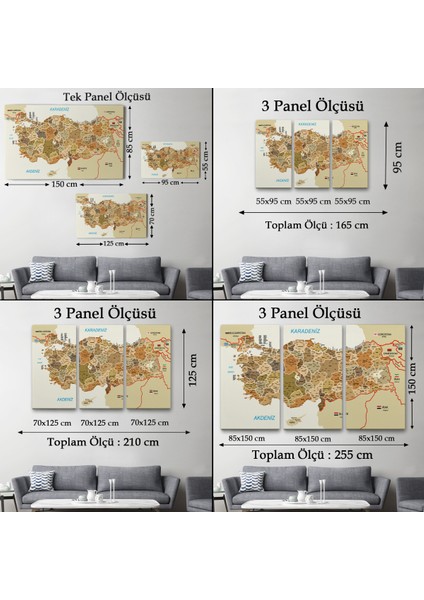 Türkiye Haritası Kanvas Tablo Il ve Ilçeli Ayrıntılı Eğitici Komşulu Dekoratif Tablo 3020