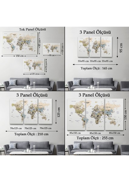 Dünya Haritası Dekoratif Kanvas Tablo Son Derece Detaylı ve Eğitici 1584 indirimleri