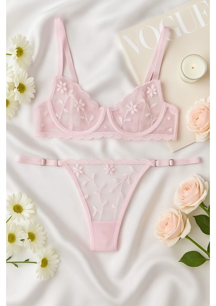 Pembe Çiçek Desenli Dantel Bralet & Külot Iç Giyim Takımı fiyatları