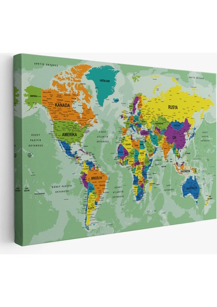 Türkçe Dünya Haritası Ayrıntılı Eğitici-Öğretici Okyanuslu Dekoratif Kanvas Tablo 2502
