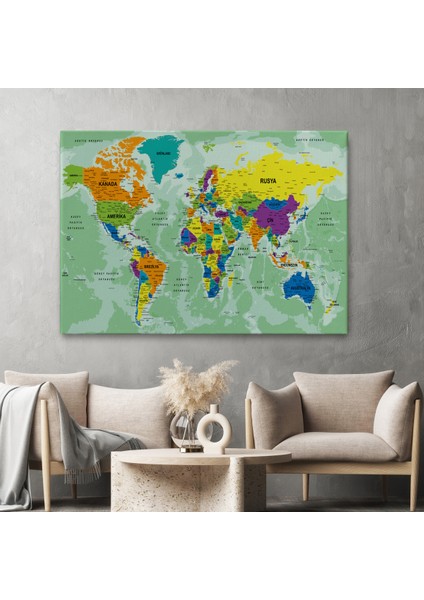 Türkçe Dünya Haritası Ayrıntılı Eğitici-Öğretici Okyanuslu Dekoratif Kanvas Tablo 2502 fiyatları