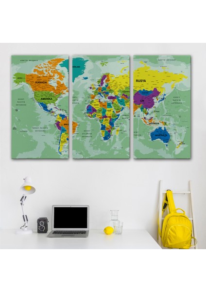 Türkçe Dünya Haritası Ayrıntılı Eğitici-Öğretici Okyanuslu Dekoratif Kanvas Tablo 2502 modelleri