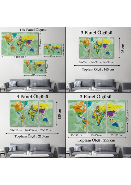 Türkçe Dünya Haritası Ayrıntılı Eğitici-Öğretici Okyanuslu Dekoratif Kanvas Tablo 2502