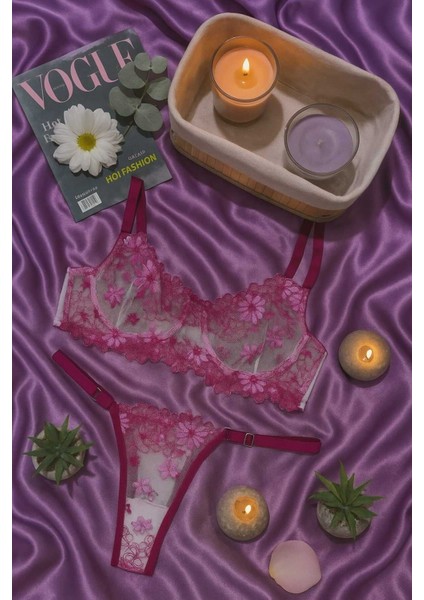 Pembe Çiçek Işlemeli Transparan Dantel Bralet & Tanga Takım fiyatları