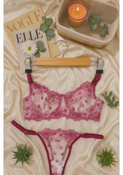Pembe Çiçek Işlemeli Transparan Dantel Bralet & Tanga Takım