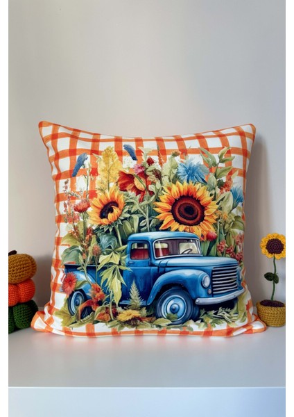 Bloom Truck – Sonbahar Çiçekleri Fitilli Kırlent Kılıfı Dijital Baskılı 43X43CM