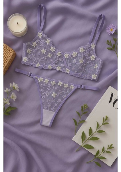 Lila Çiçek Işlemeli Transparan Dantel Sütyen & String Takım