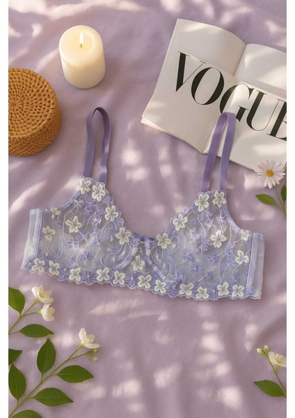 Lila Çiçek Işlemeli Transparan Dantel Sütyen & String Takım fiyatları