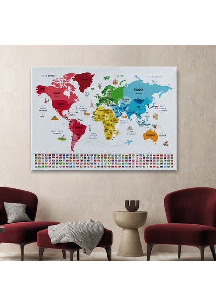 Türkçe Dünya Haritası Ülke Bayrak ve Başkentli Kanvas Tablo 1958 fiyatları