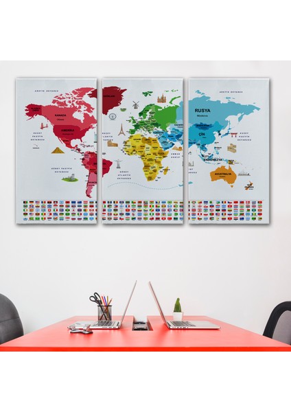 Türkçe Dünya Haritası Ülke Bayrak ve Başkentli Kanvas Tablo 1958 modelleri