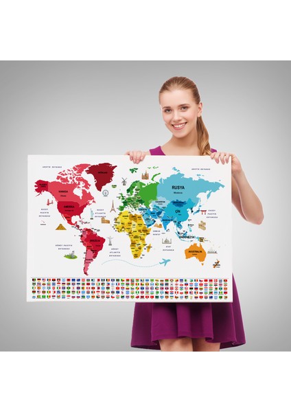 Türkçe Dünya Haritası Ülke Bayrak ve Başkentli Kanvas Tablo 1958 fırsatları