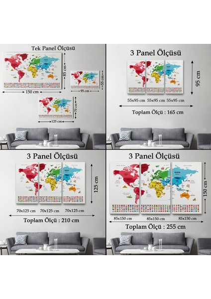Türkçe Dünya Haritası Ülke Bayrak ve Başkentli Kanvas Tablo 1958 indirimleri