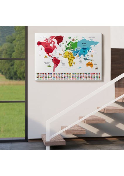 Türkçe Dünya Haritası Ülke Bayrak ve Başkentli Kanvas Tablo 1958