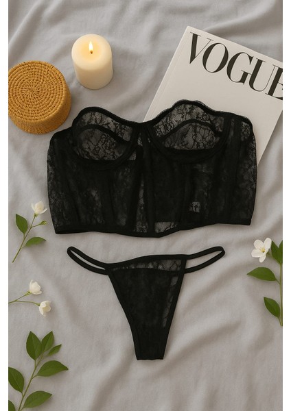 Siyah Transparan Dantel Büstiyer ve Tanga Iç Giyim Takımı