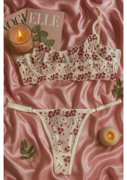 Dantel Işlemeli Transparan Çiçek Desenli Bralet ve String Takım