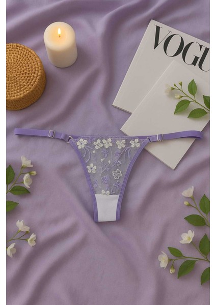 Lila Çiçek Işlemeli Transparan Dantel Sütyen & String Takım modelleri