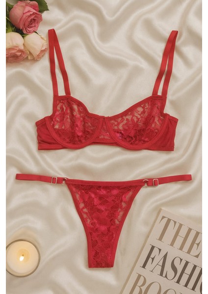 Kırmızı Transparan Dantel Bralet & Külot Iç Giyim Takımı