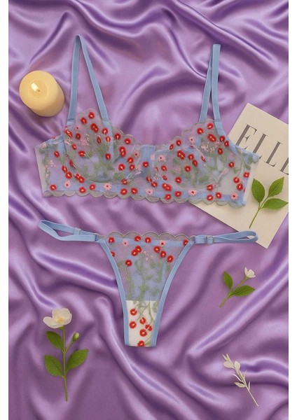 Dantel Işlemeli Çiçek Desenli Transparan Bralet & Tanga Takım - Mavi