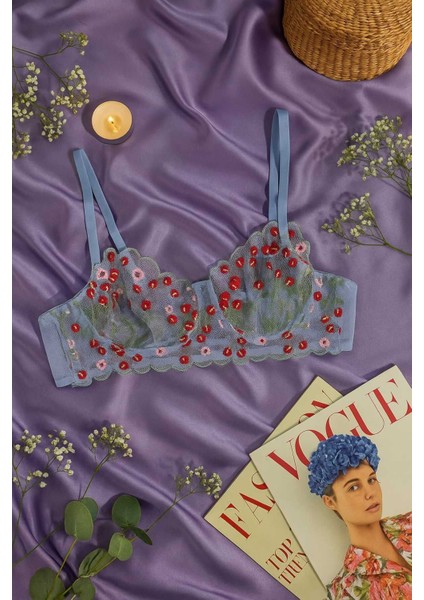 Dantel Işlemeli Çiçek Desenli Transparan Bralet & Tanga Takım - Mavi modelleri