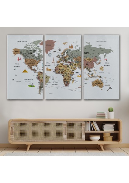 Türkçe Dünya Haritası Çok Detaylı Ünlü Yerler Sembollü Kanvas Tablo 1773 modelleri